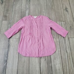 Coldwater Creek 100% linen pink pleated 3/4 sleeve relaxed fit blouse size MP